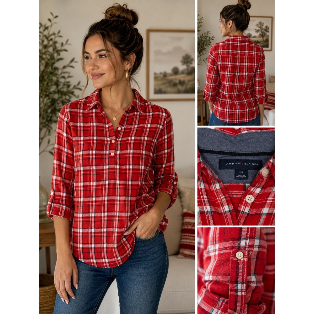 Tommy Hilfiger Red Plaid Button Down Shirt Small Cotton Roll Tab Preppy